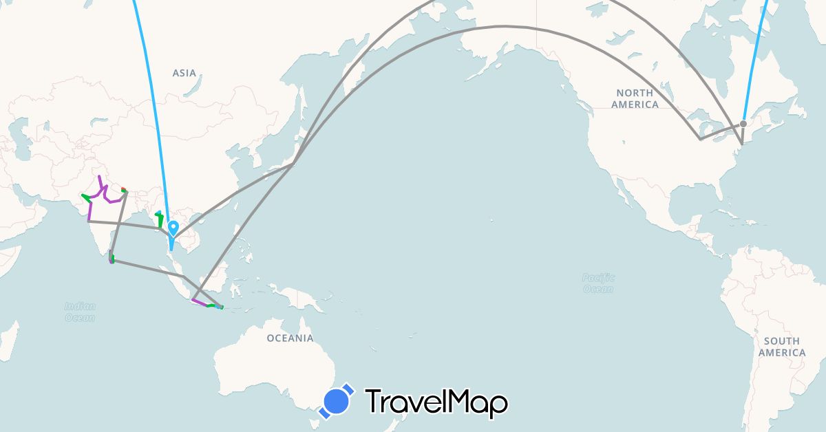 TravelMap itinerary: driving, bus, plane, train, hiking, boat in Canada, Indonesia, India, Japan, Sri Lanka, Myanmar (Burma), Nepal, Singapore, Thailand, United States (Asia, North America)