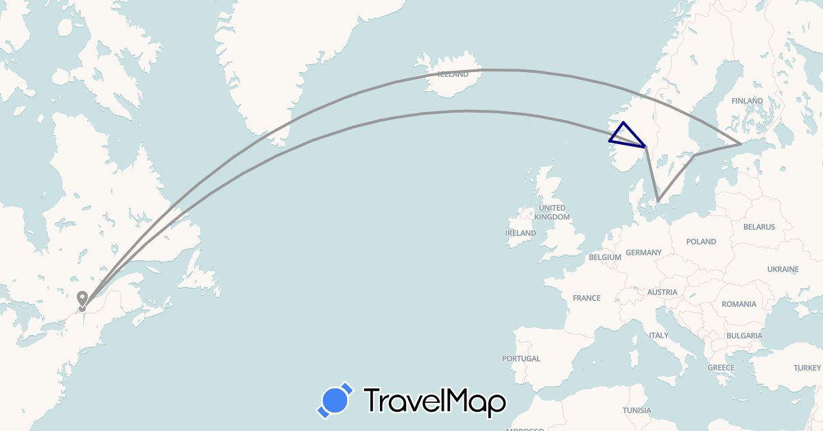 TravelMap itinerary: driving, plane in Canada, Denmark, Finland, Norway, Sweden (Europe, North America)